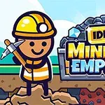 Bir madenci, elinde kazma ile toprak katmanları arasında dururken, büyük bir taş yığını üzerinde Idle Mining Empire yazılı bir tabela bulunuyor
