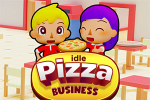 Pizza tepsisi tutan sarı saçlı çizgi çocuk ve mor saçlı çizgi kızın yer aldığı, Idle Pizza Business yazılı renkli logo ve arka planda restoran masaları
