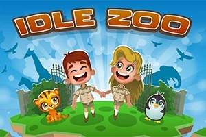 Çizgi film tarzında bir erkek çocuk ve bir kız çocuğu, ellerini tutarak gülen yüzlerle duruyor; yanlarında bir kaplan yavrusu ve bir penguen, arkalarında hayvan siluetleri ve IDLE ZOO yazısı bulunuyor