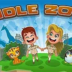 Çizgi film tarzında bir erkek çocuk ve bir kız çocuğu, ellerini tutarak gülen yüzlerle duruyor; yanlarında bir kaplan yavrusu ve bir penguen, arkalarında hayvan siluetleri ve IDLE ZOO yazısı bulunuyor