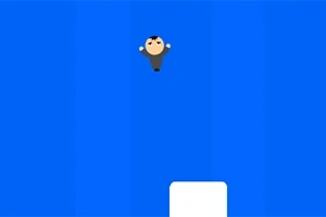 Mavi bir arka planda, havada zıplayan küçük bir karakter ve altta beyaz bir platform