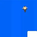 Mavi bir arka planda, havada zıplayan küçük bir karakter ve altta beyaz bir platform