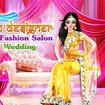Hintli bir gelinlik ve sarı saree giymiş kadın, pembe ve kırmızı perdelerle süslenmiş bir salonda, dekoratif bir koltukta oturuyor