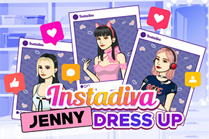 Üç farklı kıyafet ve arka planla çizilmiş karakterlerin yer aldığı Instadiva Jenny Dress Up afişi