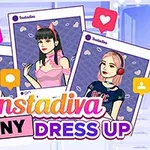 Üç farklı kıyafet ve arka planla çizilmiş karakterlerin yer aldığı Instadiva Jenny Dress Up afişi