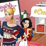Bir odada, Noel temalı kıyafetler giymiş iki animasyon karakteri ve #Christmas yazısı