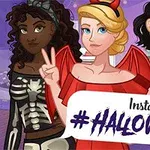 Üç çizgi karakterden oluşan bir grup, Halloween temalı kostümler giymiş şekilde poz veriyor