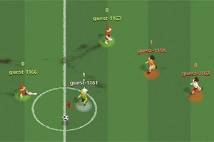 Yeşil bir futbol sahasında, dört adet karakter ve bir futbol topunun yer aldığı bir görüntü