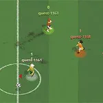 Yeşil bir futbol sahasında, dört adet karakter ve bir futbol topunun yer aldığı bir görüntü