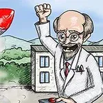 Beyaz önlüklü bir bilim adamı, uzaktan kumandayla kırmızı uçlu bir füzenin fırlatılmasını izliyor