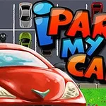 Renkli bir park alanı arka planında iPark My Car yazısı ve önde kırmızı bir araba