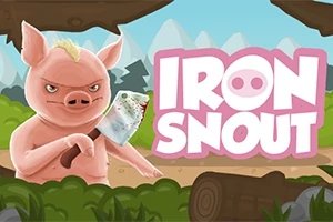 Pembe bir domuz karakteri elinde bıçak tutuyor, arka planda orman manzarası ve büyük beyaz-pembe harflerle IRON SNOUT yazısı bulunuyor