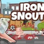 Pembe bir domuz karakteri elinde bıçak tutuyor, arka planda orman manzarası ve büyük beyaz-pembe harflerle IRON SNOUT yazısı bulunuyor