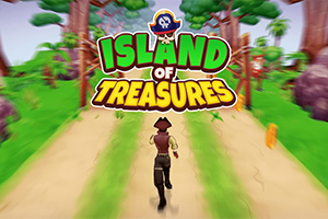 Yeşil bir adada ağaçlar arasında koşan korsan karakter ve üzerinde Island of Treasures yazısı