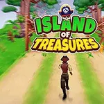 Yeşil bir adada ağaçlar arasında koşan korsan karakter ve üzerinde Island of Treasures yazısı