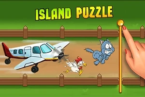 Yeşil zemin üzerinde, Island Puzzle yazısıyla birlikte bir uçağın, kaçan bir tavuk ile korkmuş bir kediye doğru hızla ilerlediği ve bir elin sağ taraftaki altın bir kolu çekmeye çalıştığı çizim