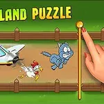 Yeşil zemin üzerinde, Island Puzzle yazısıyla birlikte bir uçağın, kaçan bir tavuk ile korkmuş bir kediye doğru hızla ilerlediği ve bir elin sağ taraftaki altın bir kolu çekmeye çalıştığı çizim