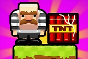 Çizgili kıyafet giymiş, bıyıklı blok karakter ve yanında TNT dinamiti bulunan bir platform üzerinde, arka planda mor ve pembe tonlarda bir ışık parlaması