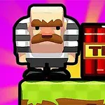 Çizgili kıyafet giymiş, bıyıklı blok karakter ve yanında TNT dinamiti bulunan bir platform üzerinde, arka planda mor ve pembe tonlarda bir ışık parlaması