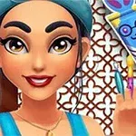Mavi başörtülü ve kolyesi olan animasyon karakteri gülümseyerek boyama fırçaları tutuyor