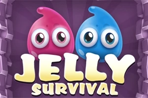Pembe ve mavi renkli iki sevimli jelatin karakter ve büyük harflerle yazılmış Jelly Survival metni
