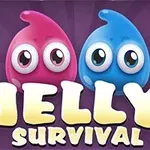 Pembe ve mavi renkli iki sevimli jelatin karakter ve büyük harflerle yazılmış Jelly Survival metni