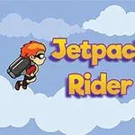 Uçan jetpackli iki çizgi karakter ve bulutların önünde Jetpack Rider yazısı