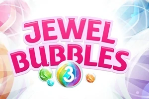 Pembe ve renkli baloncuklar üzerinde JEWEL BUBBLES 3 yazısı bulunan canlı bir grafik
