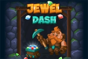 Sakallı bir maden işçisi, elinde kazma tutarken, önünde değerli taşlarla dolu bir maden arabası ve arka planda Jewel Dash yazısı