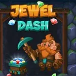 Sakallı bir maden işçisi, elinde kazma tutarken, önünde değerli taşlarla dolu bir maden arabası ve arka planda Jewel Dash yazısı