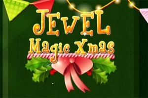 Renkli bayraklar ve ışıklarla süslenmiş Jewel Magic Xmas yazısı ile üzerinde çelenk ve kurdele olan yeşil arka plan