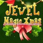 Renkli bayraklar ve ışıklarla süslenmiş Jewel Magic Xmas yazısı ile üzerinde çelenk ve kurdele olan yeşil arka plan