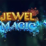 Altın renginde Jewel ve mavi renkte Magic yazısı, etrafında parlayan mücevher parçalarıyla karanlık bir arka plan üzerinde