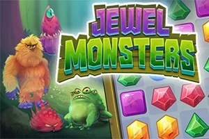 Renkli canavarlar ve mücevher bloklarının bulunduğu, Jewel Monsters yazılı grafik tasarım