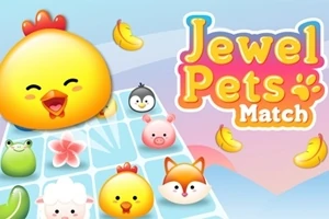 Jewel Pets Match oyununda, renkli ve sevimli hayvan karakterleri ile muzlar, renkli bir zeminde yer almaktadır