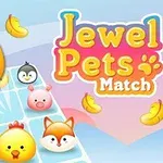 Jewel Pets Match oyununda, renkli ve sevimli hayvan karakterleri ile muzlar, renkli bir zeminde yer almaktadır