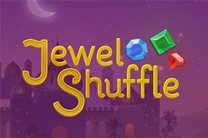 Mor gece manzarasında, Jewel Shuffle yazısı ve üç farklı renkli mücevher