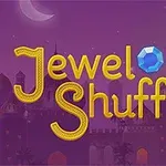 Mor gece manzarasında, Jewel Shuffle yazısı ve üç farklı renkli mücevher
