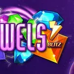 Parlak ve renkli mücevherlerin önünde büyük harflerle JEWELS BLITZ yazısı