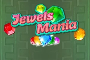 Renkli mücevherlerle çevrili Jewels Mania yazısı yeşil bir arka plan üzerinde yer alıyor