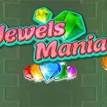 Renkli mücevherlerle çevrili Jewels Mania yazısı yeşil bir arka plan üzerinde yer alıyor