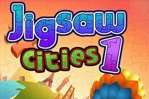 Renkli Jigsaw Cities 1 yazısı ve arka planda şehir manzarası bulunan bir grafik