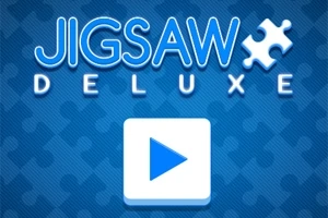 Mavi zemin üzerinde büyük beyaz bir oyun başlatma düğmesi ve Jigsaw Deluxe yazısı