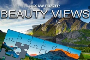 Bir dağ manzarası fotoğrafının üzerinde, tamamlanmamış yapboz parçaları ve Beauty Views başlığı
