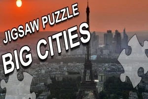 Pariste gün batımında Eyfel Kulesi ve şehir manzarası, Jigsaw Puzzle Big Cities yazılı metin ve yapboz parçaları ile birlikte