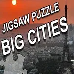 Pariste gün batımında Eyfel Kulesi ve şehir manzarası, Jigsaw Puzzle Big Cities yazılı metin ve yapboz parçaları ile birlikte