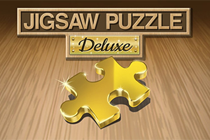 Ahşap bir zeminde, üzerinde Jigsaw Puzzle Deluxe yazılı tabela ve altındaki parlayan altın renkli yapboz parçası
