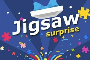Renkli yapboz parçalarıyla süslenmiş mavi bir arka planda Jigsaw Surprise yazısı