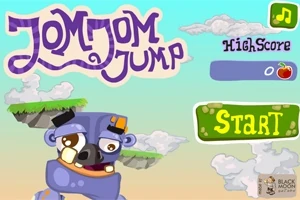 Mavi gökyüzü ve bulutların önünde JomJom Jump yazısı, sağda High Score ve Start seçenekleri bulunan bir oyun başlatma ekranı ile alt kısmında çizgi film karakteri yer alıyor