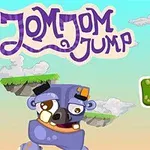 Mavi gökyüzü ve bulutların önünde JomJom Jump yazısı, sağda High Score ve Start seçenekleri bulunan bir oyun başlatma ekranı ile alt kısmında çizgi film karakteri yer alıyor
